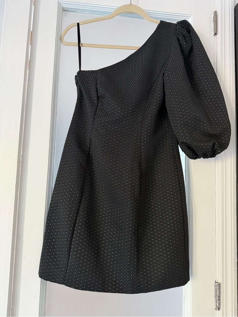 Asymmetric One-Shoulder Black Mini Dress with Puff Sleeve